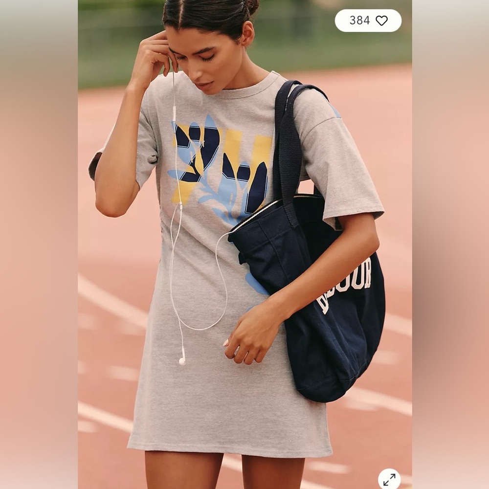 NWT Daily Practice Gray Short Sleeve Graphic T-Shirt Rouched Mini Dress, Small